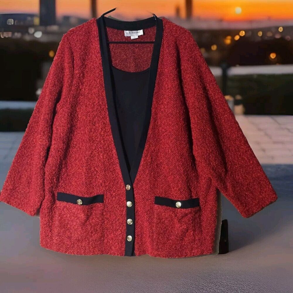 Vintage Cathy Daniels Red Cardigan Sweater + Built In Top Cozy Workwear Size 2X